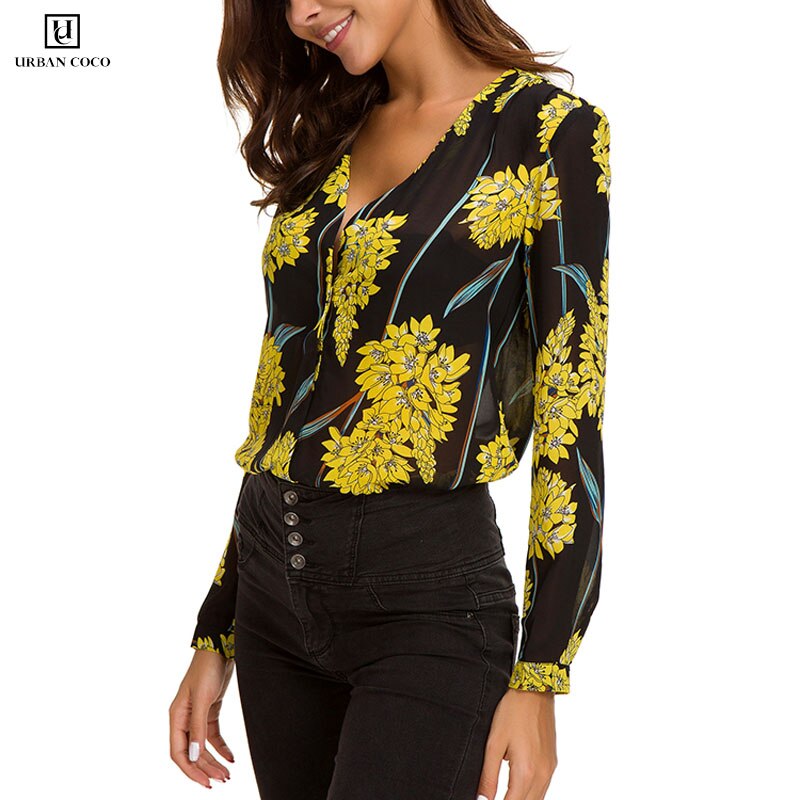 Urban CoCo Floral Print V-Neck Chiffon Blouse