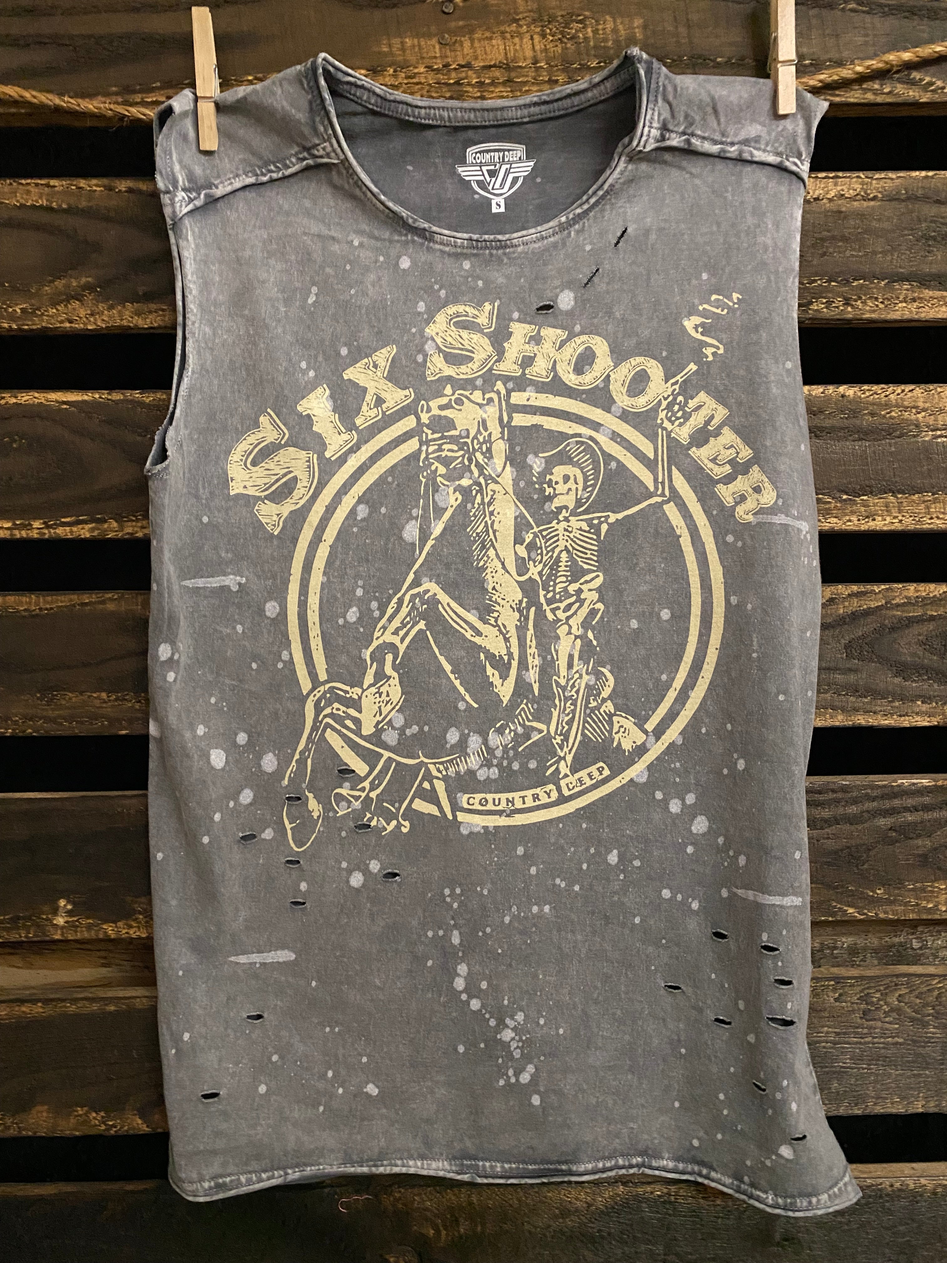Six Shooter Acid Wash distressed Splatter detail Muscle Top – Country Deep