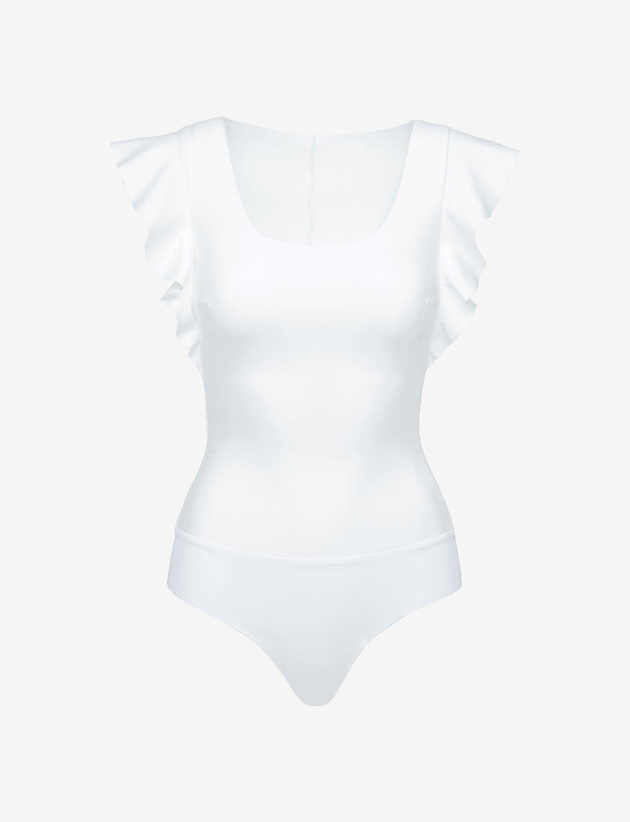 Sale: Neoprene Squareneck Ruffle Bodysuit