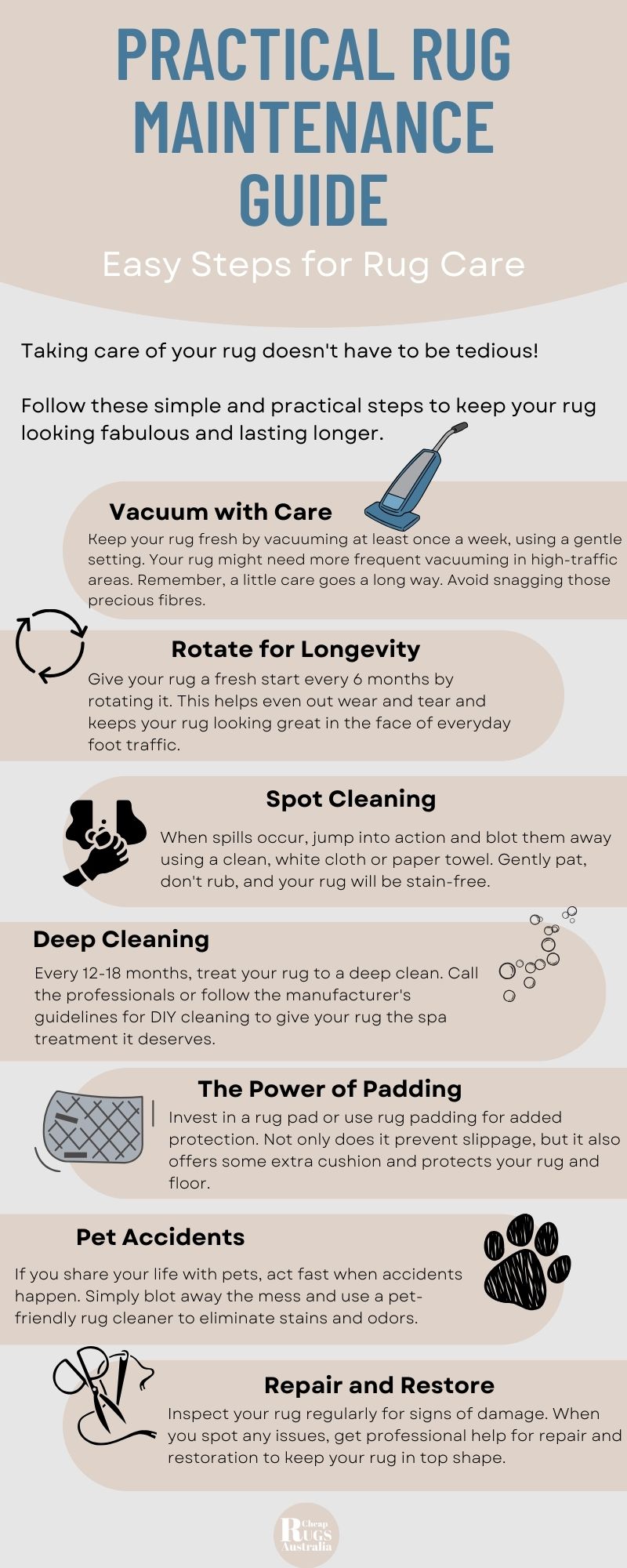 A rug maintenance guide in infographic style