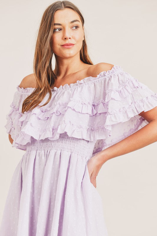 ASOS DESIGN v front v back ruffle mini dress with flutter sleeve and tie  belt in textured jacquard in purple