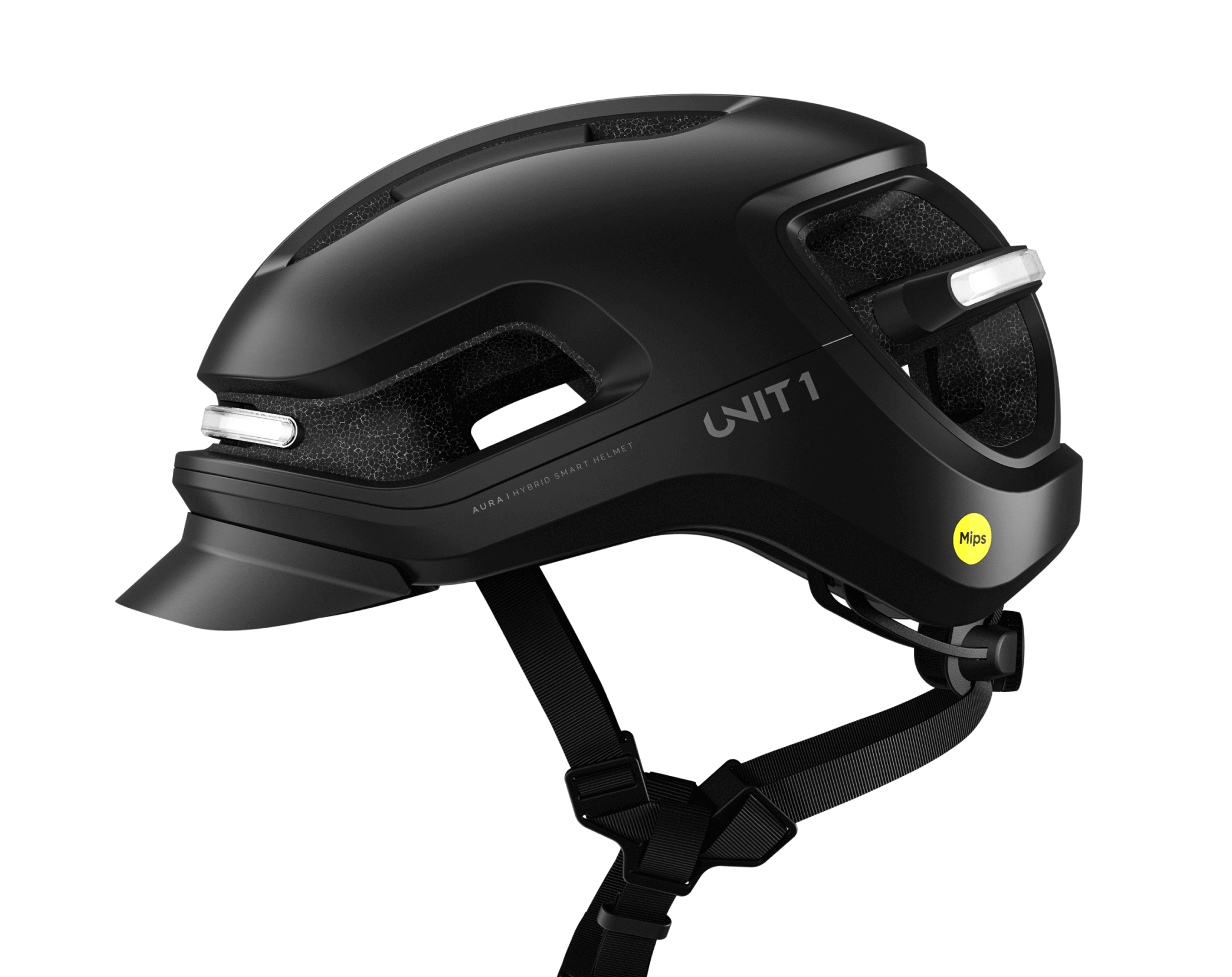Black smart helmet with integrated lights on a black background.