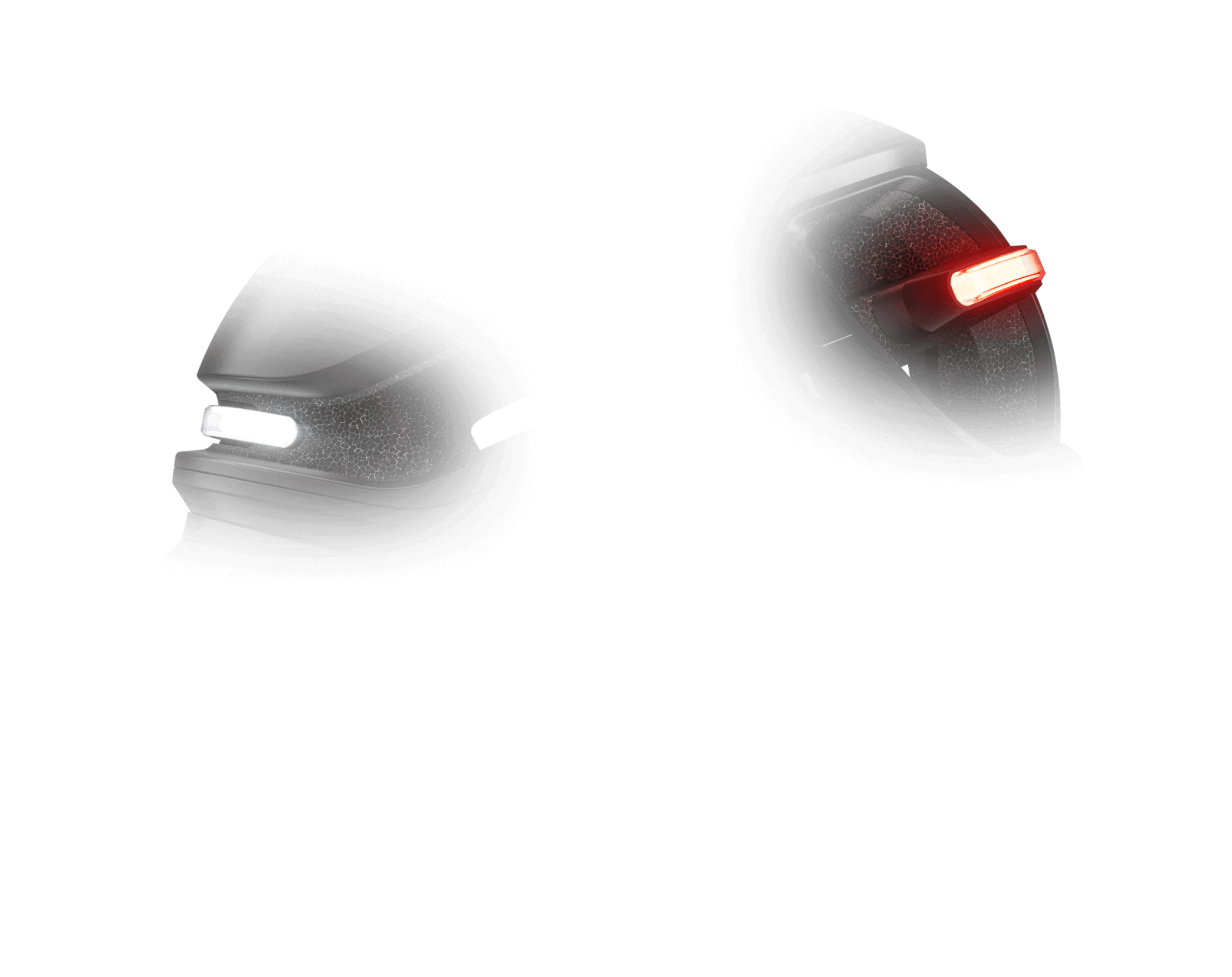 Two futuristic motorcycle helmets with illuminated visors, one with white light and one with red light.