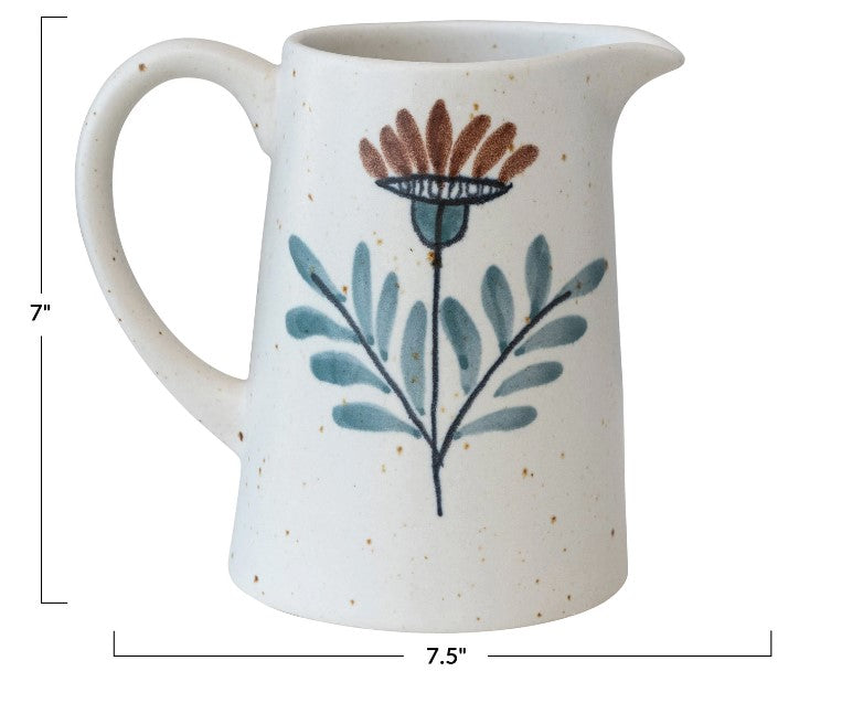 Hand-Painted Stoneware Pitcher with Floral Design