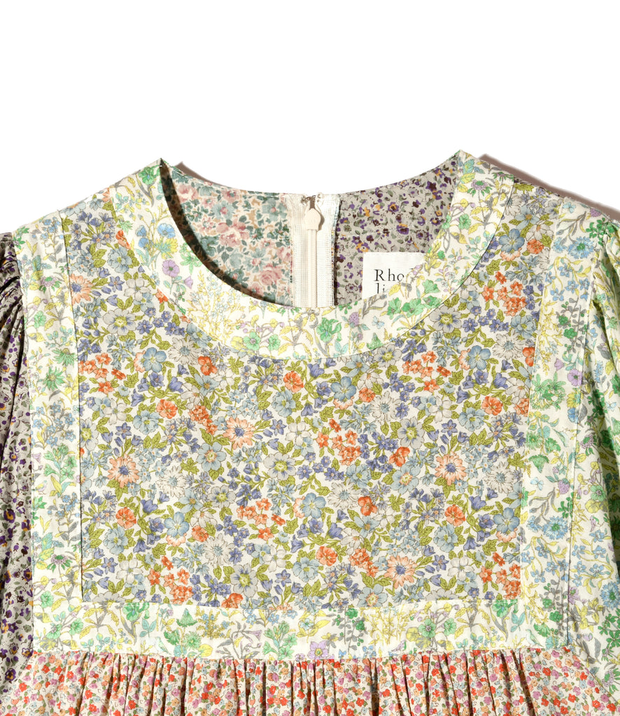Puff Sleeve Long Dress - Beige - Flower pattern Combo