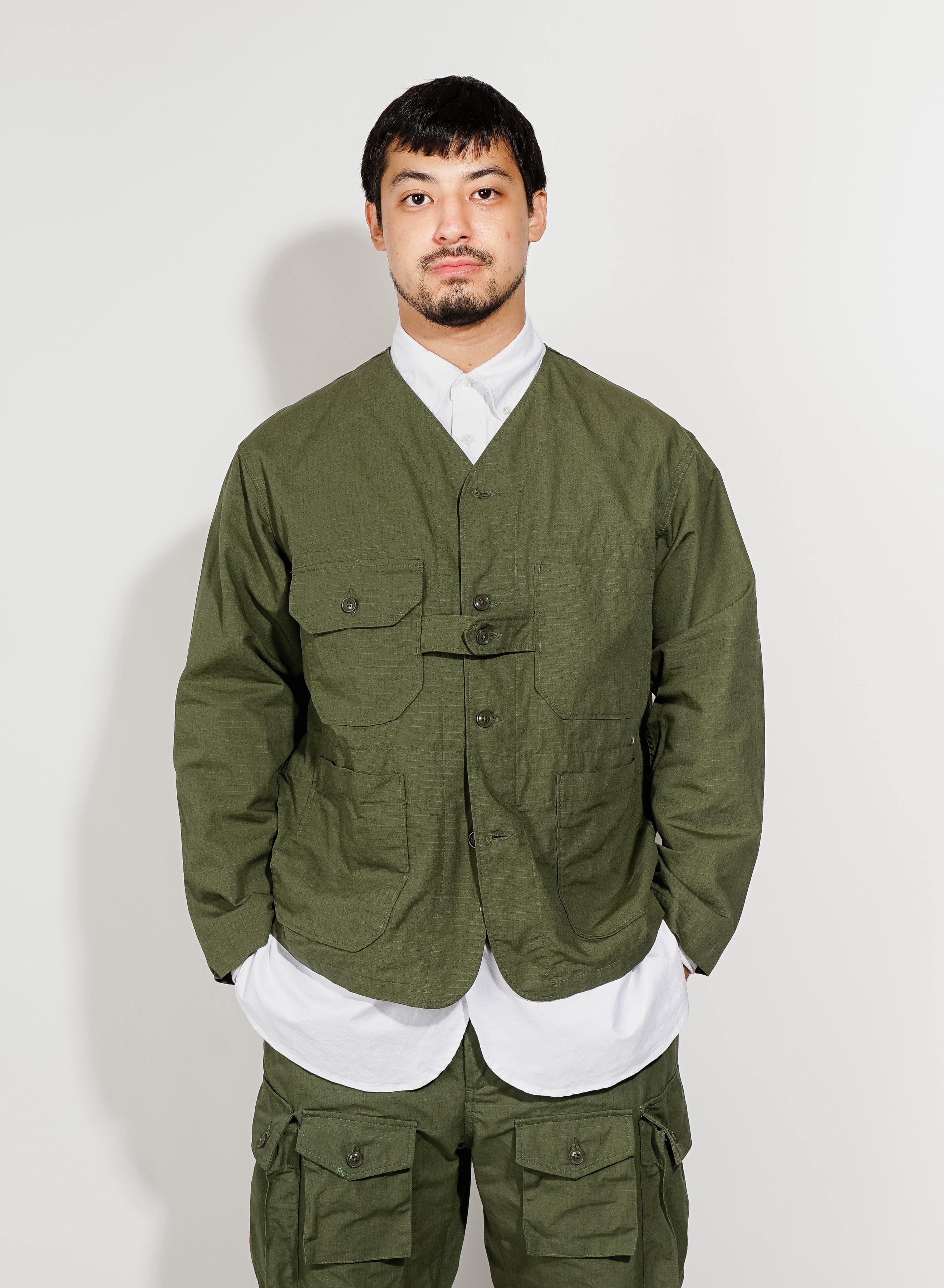 Shawl Collar Utility Jacket - Olive Cotton Ripstop | Nepenthes New