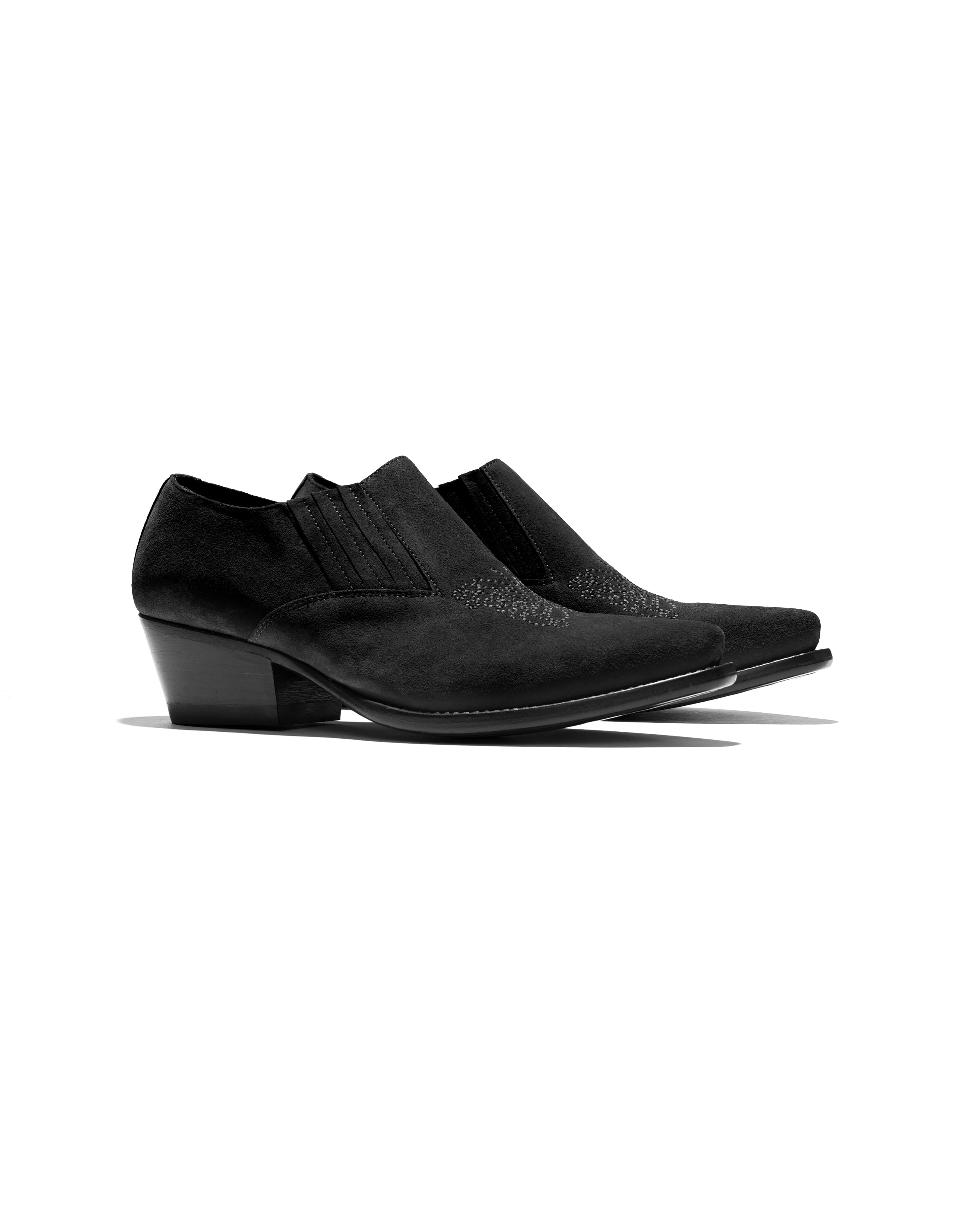 Heeled Papillon Stitched Mule - Black Suede | Nepenthes New York