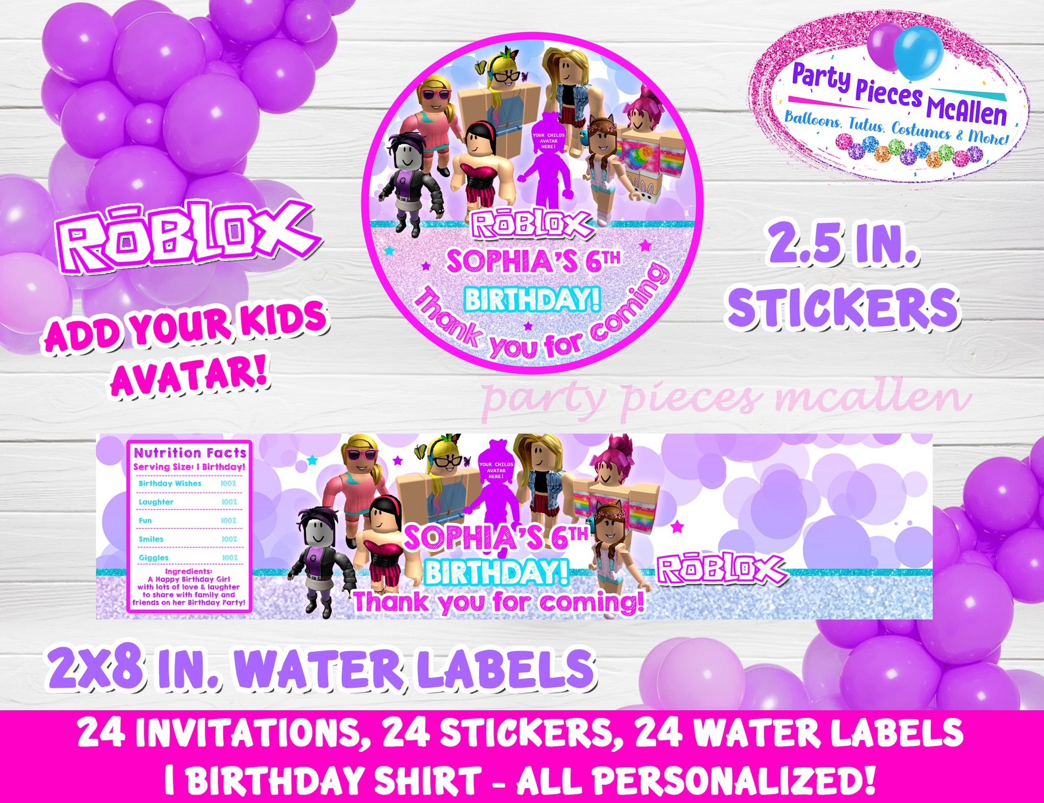 Roblox Girl Party Package With Custom Avatar Party Pieces Mcallen - roblox girls party party pieces mcallen