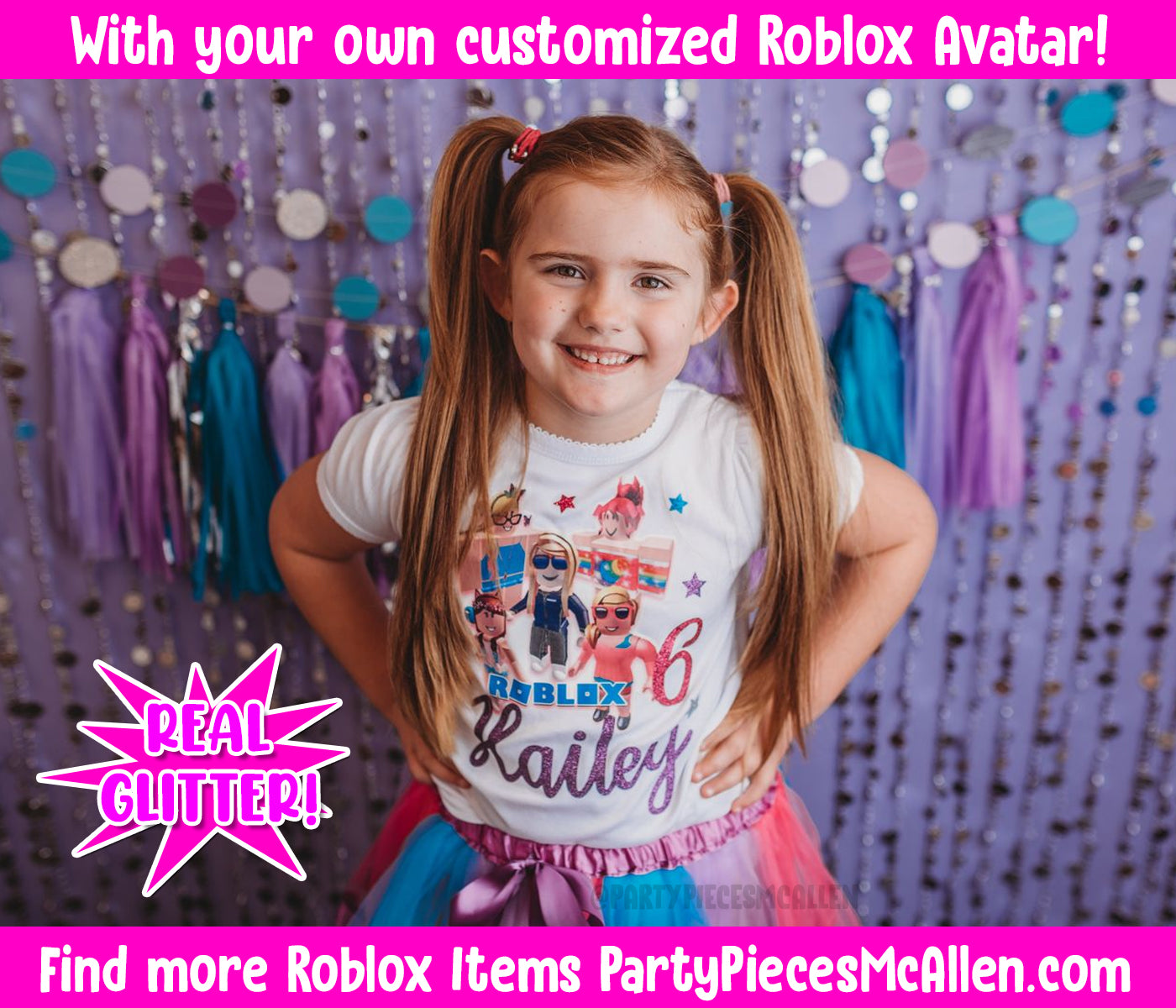 Roblox Birthday Shirt With Glitter Party Pieces Mcallen - purple t shirt roblox girl