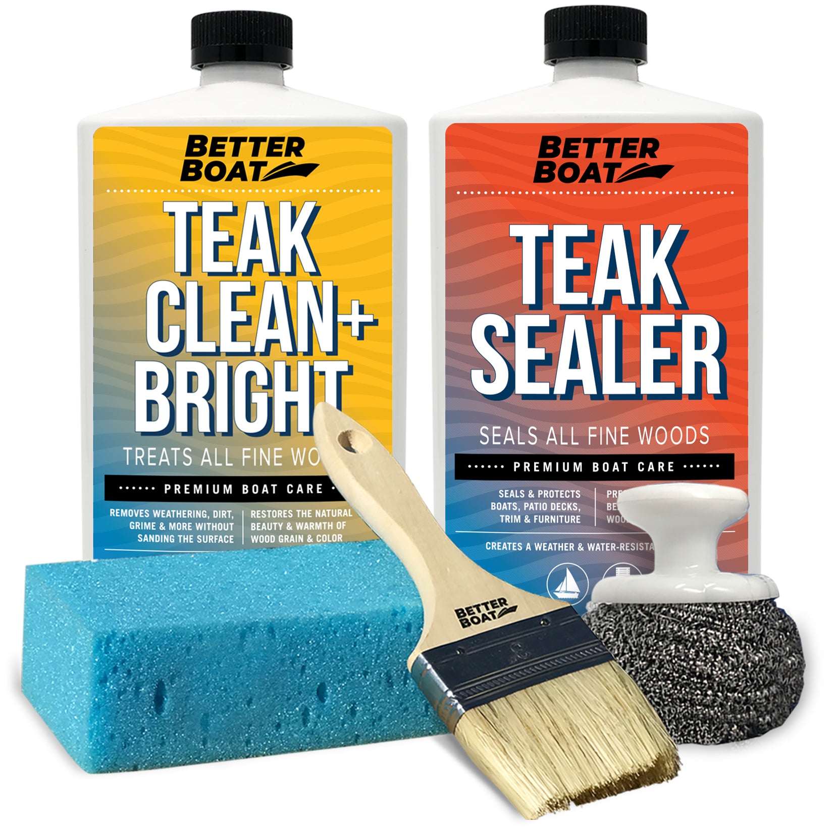 Marine Teak Cleaner, Teak Brightener, Teak Sealer, stainless steel scrub, application sponge and brush