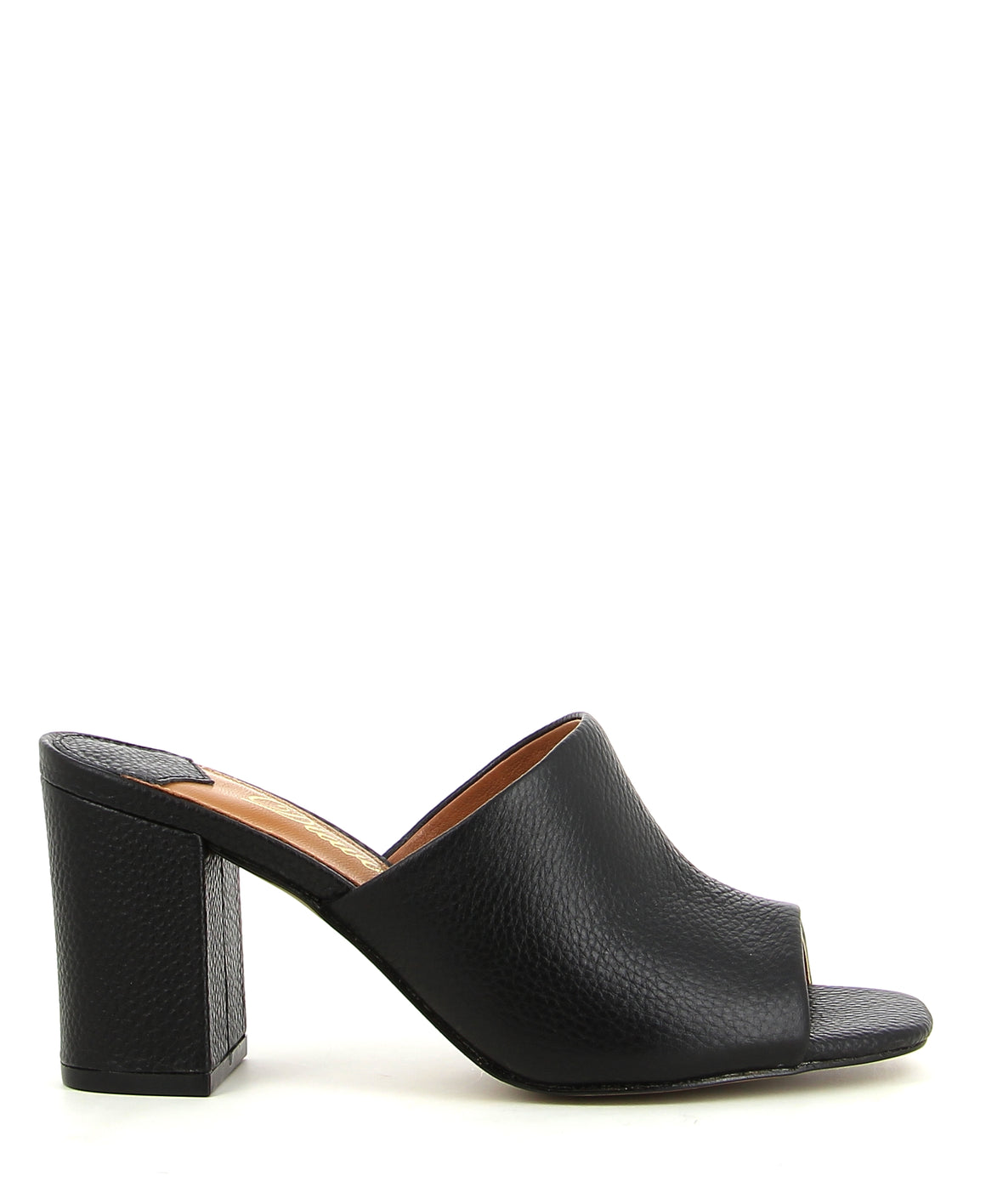 black leather block heel mules