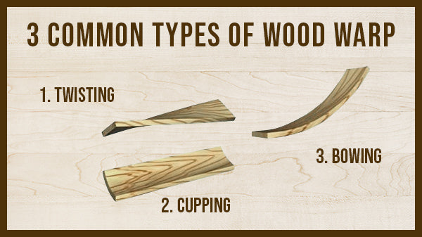 3 Common types of wood warping: Twisting, Cupping, and Bowing.