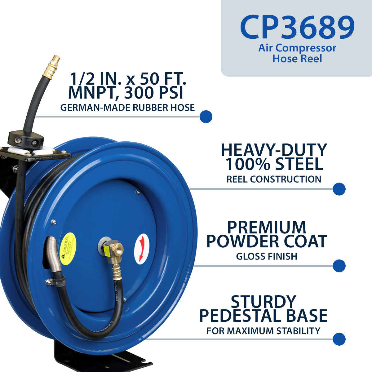 Goodyear Steel Retractable Air Compressor/Water Hose Reel with 1/2 in. x 50 ft. Rubber Hose Max. 300psi