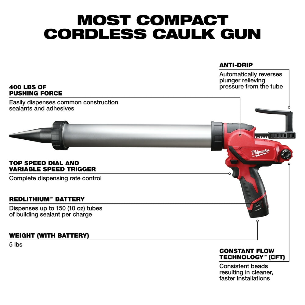 Milwaukee 2442-21 M12 12V 20Oz. Aluminum Caulk And Adhesive Gun Kit