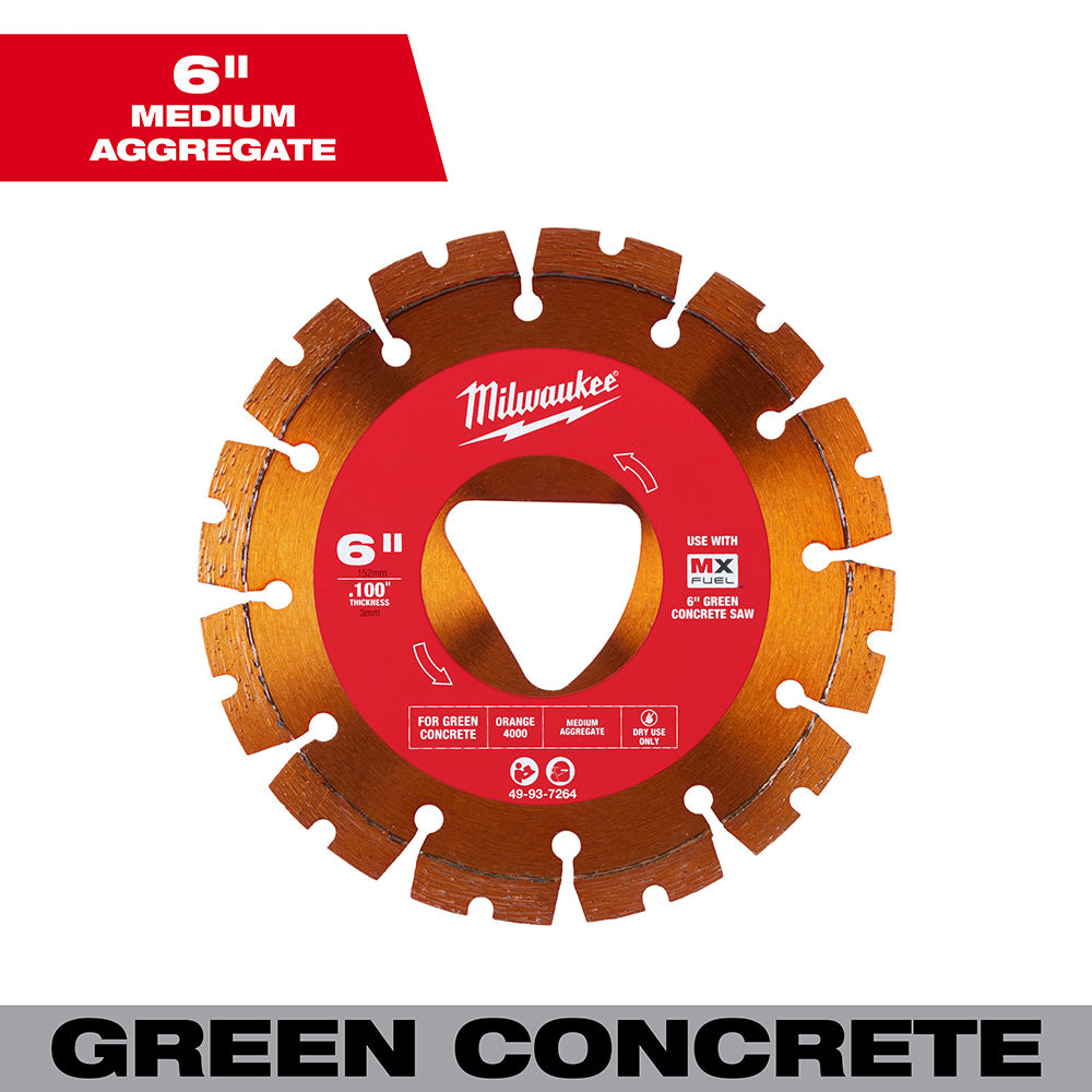  Milwaukee 49-93-7264 Orange 6" x 0.100" Diamond Blade for Green Concrete Saw 