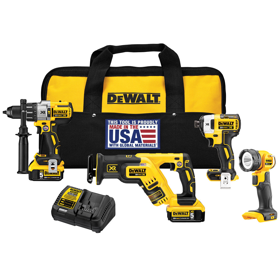  DeWALT DCK494P2 20V 4-Tool Hammer Drill, Driver, Recip Saw and Light Combo 