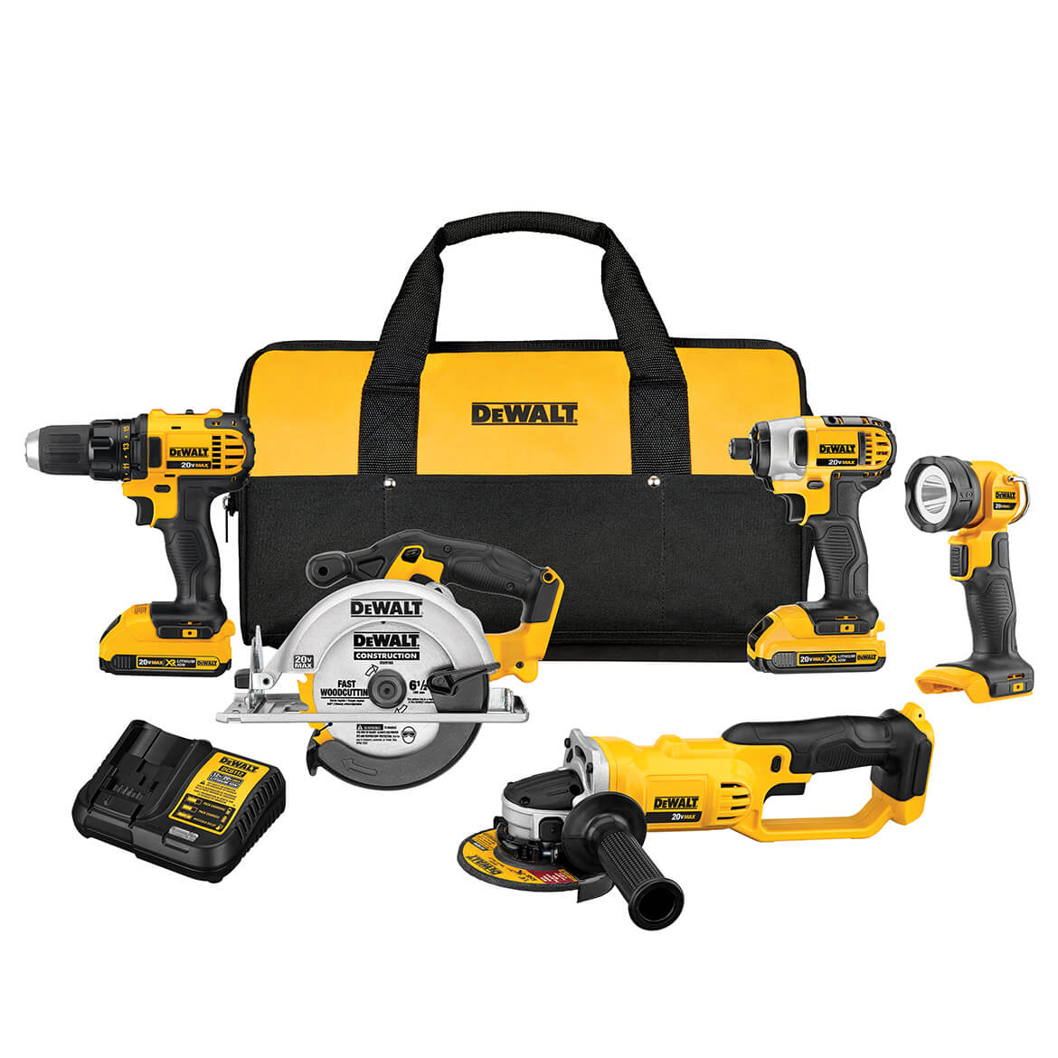  DeWALT DCK521D2 20V 5-Tool Drill/Driver/Saw/Grinder and Light Combo Kit 