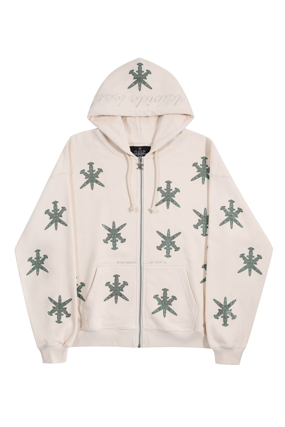 NTWRK - Cream & Green Dagger Rhinestone Hoodie