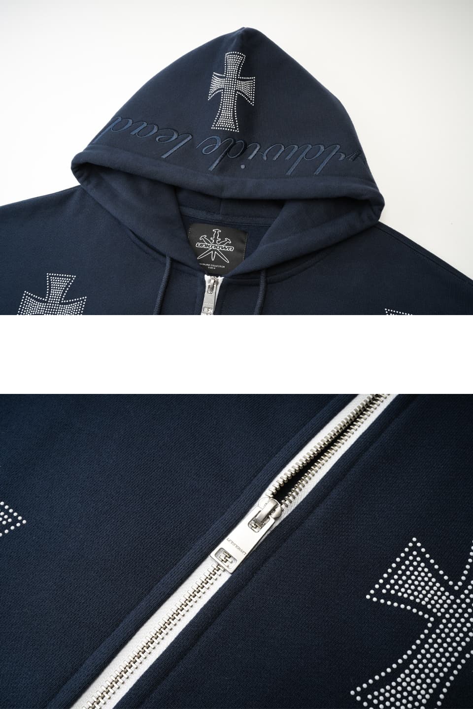 NTWRK - Navy Cross Rhinestone Zip Hoodie