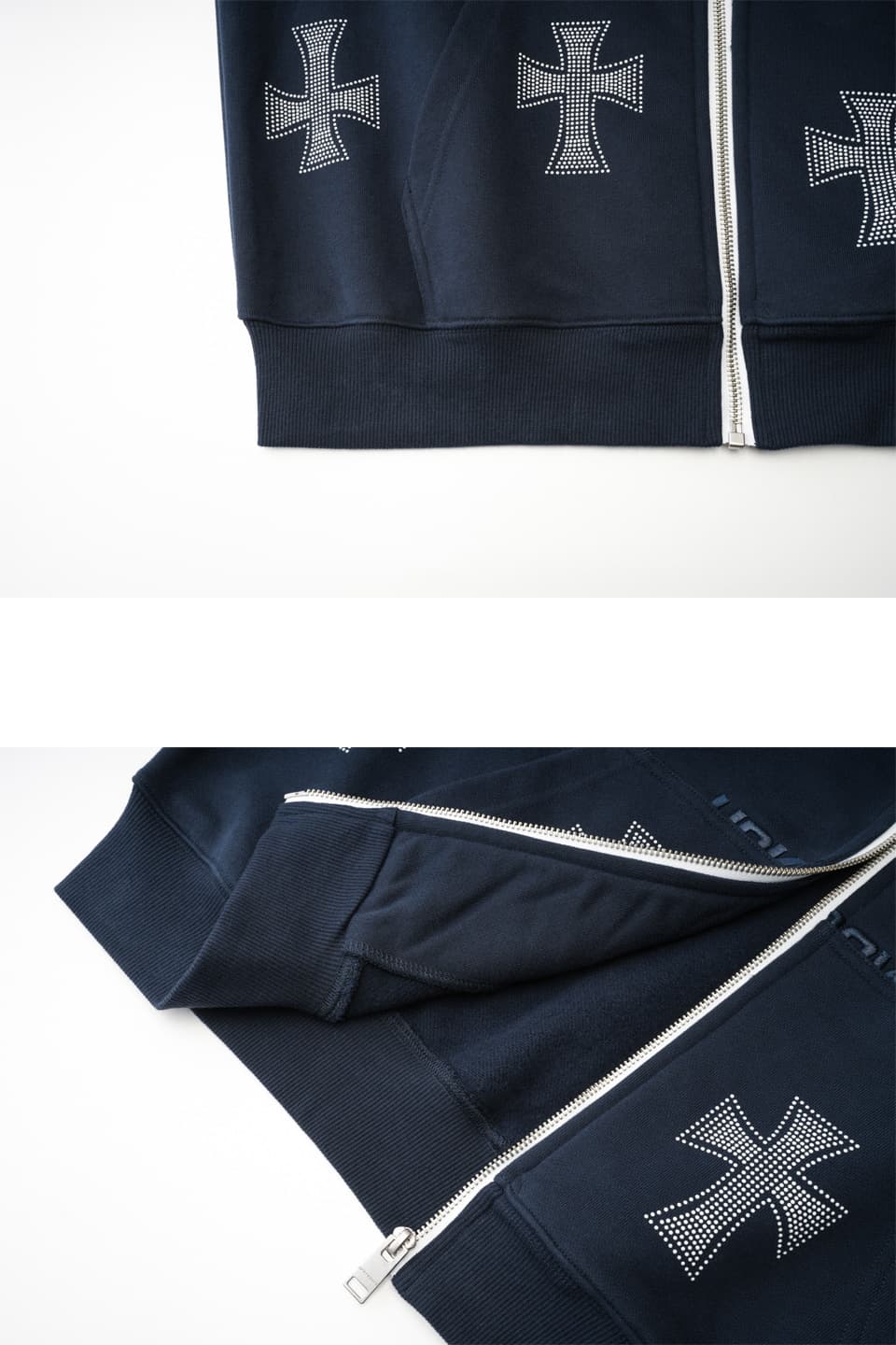 NTWRK - Navy Cross Rhinestone Zip Hoodie