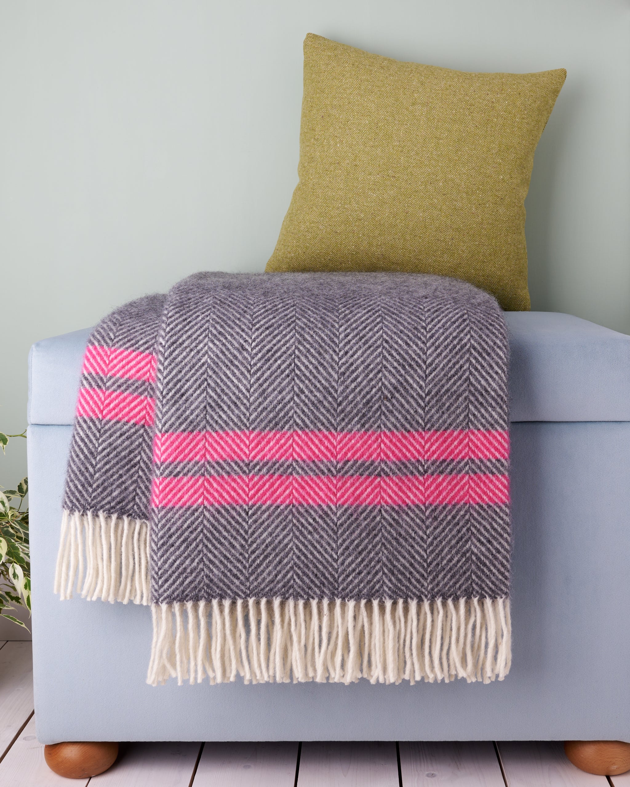 Tweedmill 2 Stripe Slate Grey & Pink Wool Blanket Throw