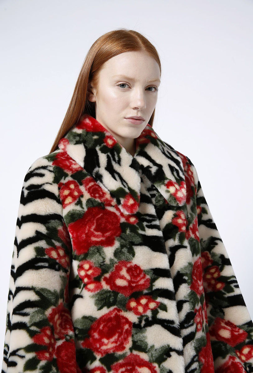 Women's Faux Fur Coat - Lorca in Tiger Rose Print Jacquard - Shrimps ...