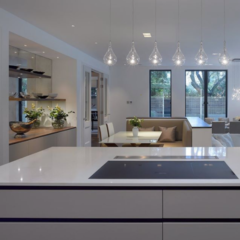 modern kitchen with pendant bulbs