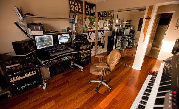home studio with an array of music recording equipment