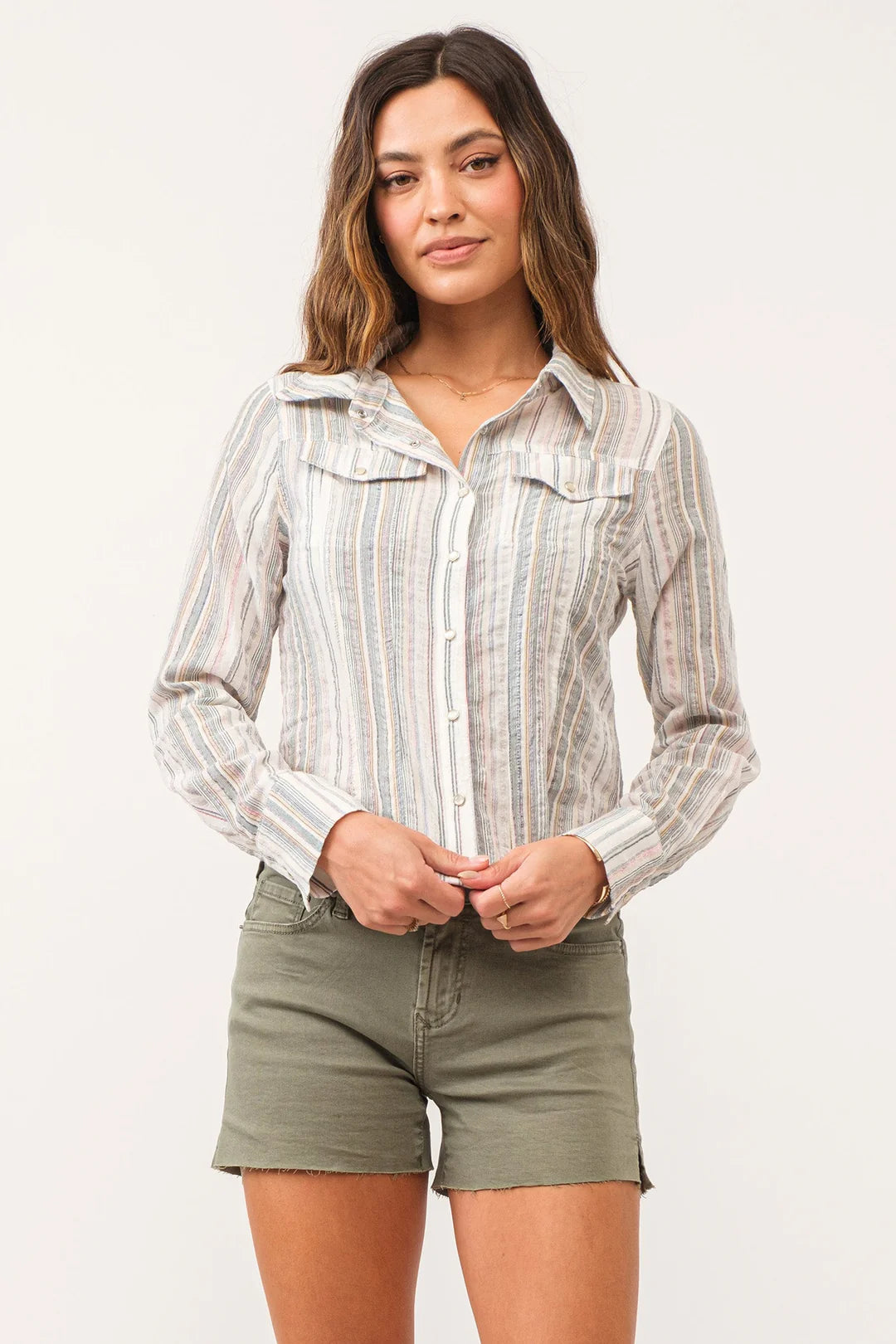 Dear John Uriah Pearl Snap Shirt Sage Stripe