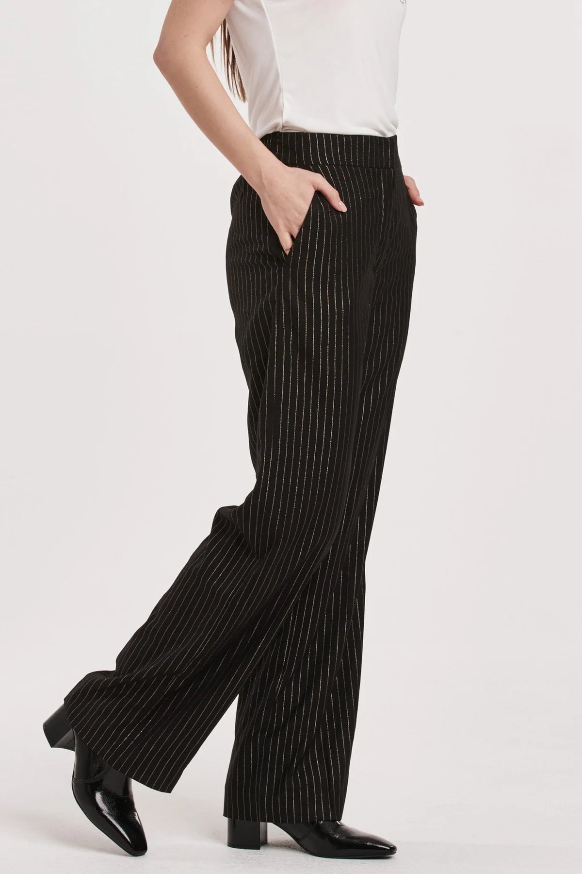 Another Love Azula High Waist Elastic Back Pinstripe Pant- Black/Silver