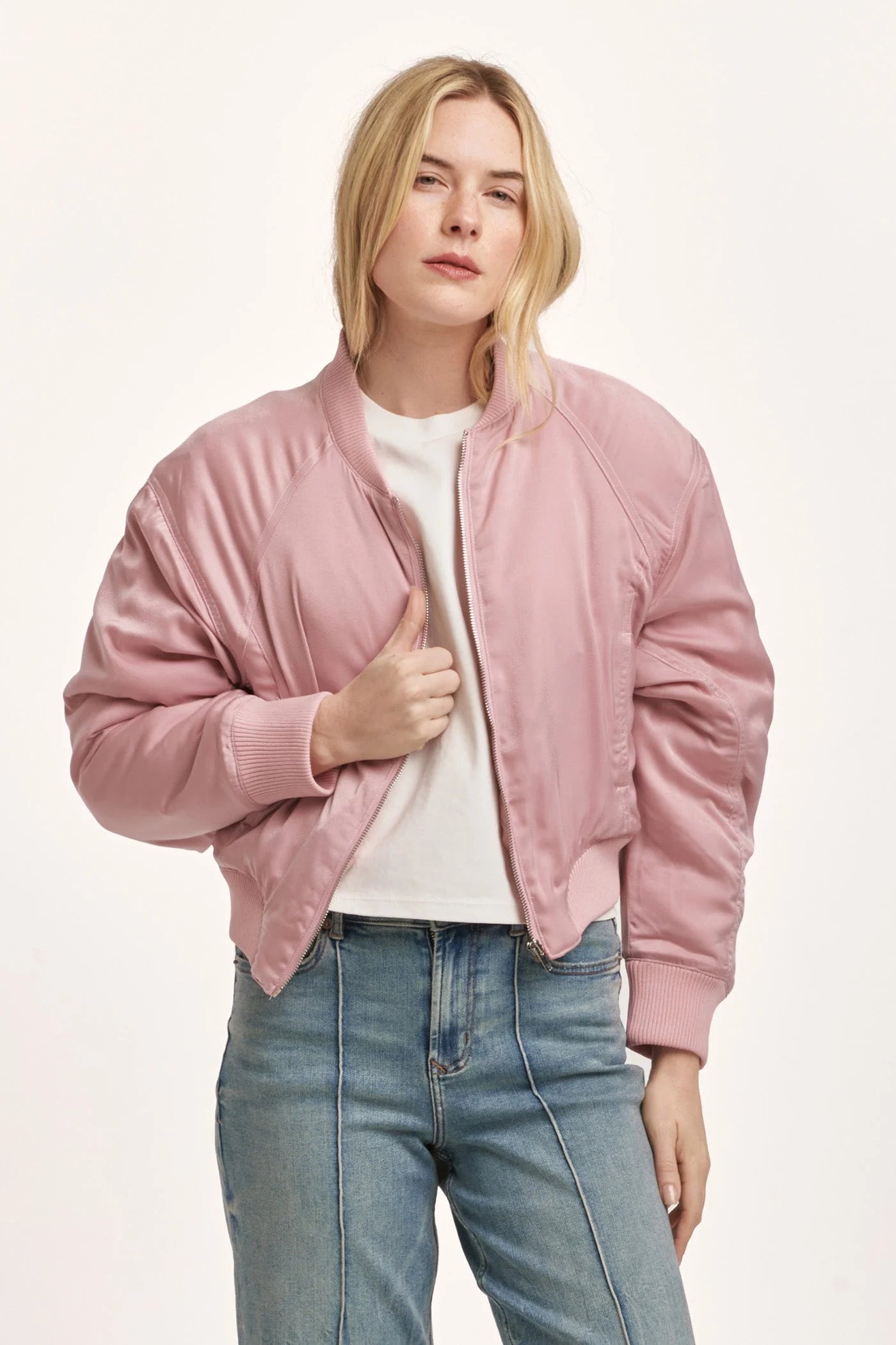 Dear John Samaria Zipper Front Satin Bomber Jacket- Pink