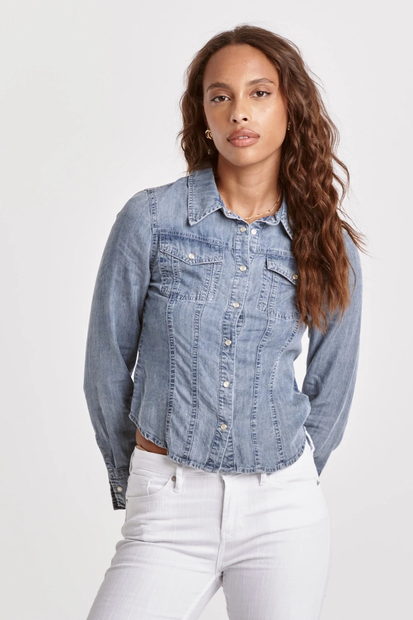 Dear John Uriah Pearl Snap Light Denim Tencel Shirt Independance Blue