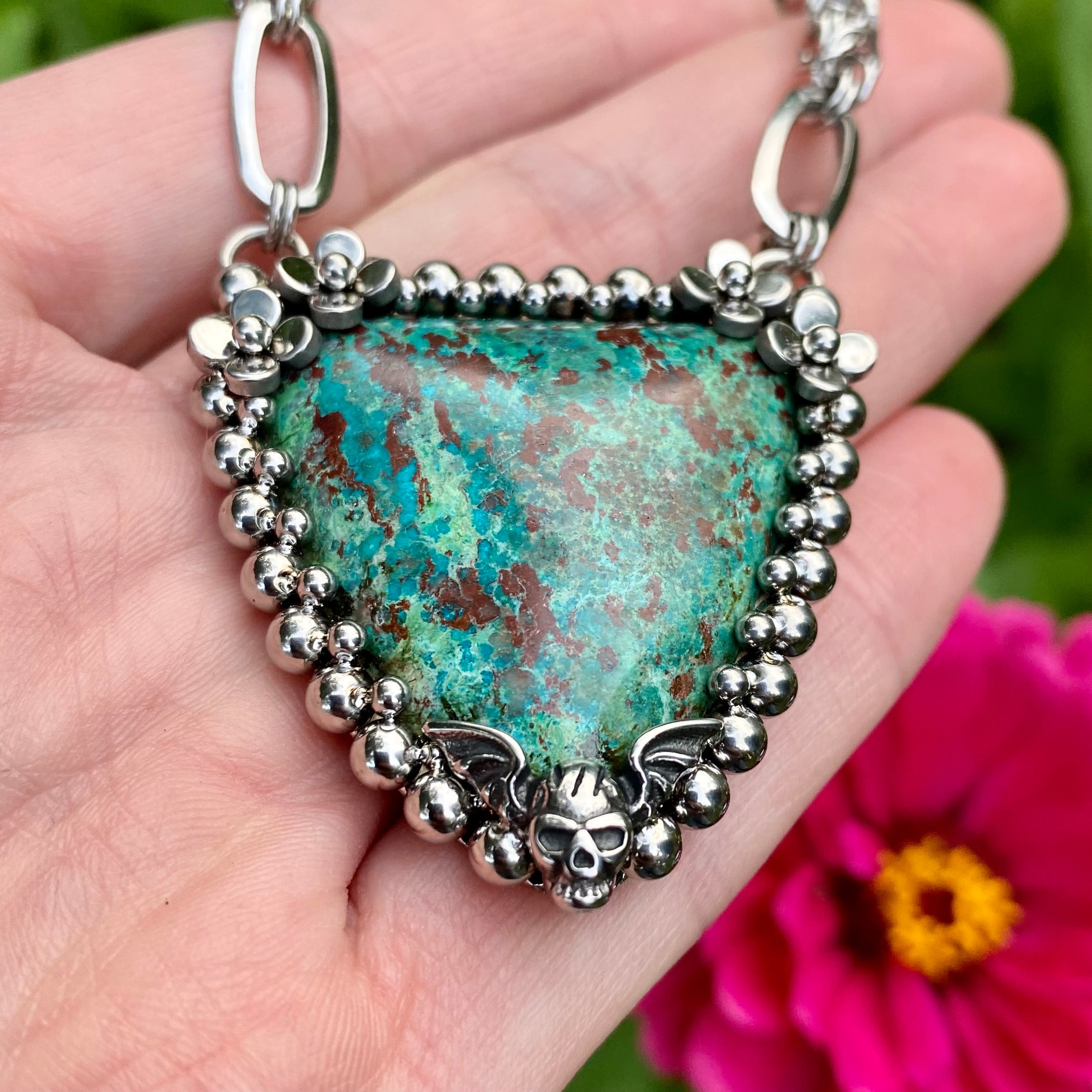 GEMSTONE Chrysocolla Triangle Pendant w/Flowers & Winged Skull