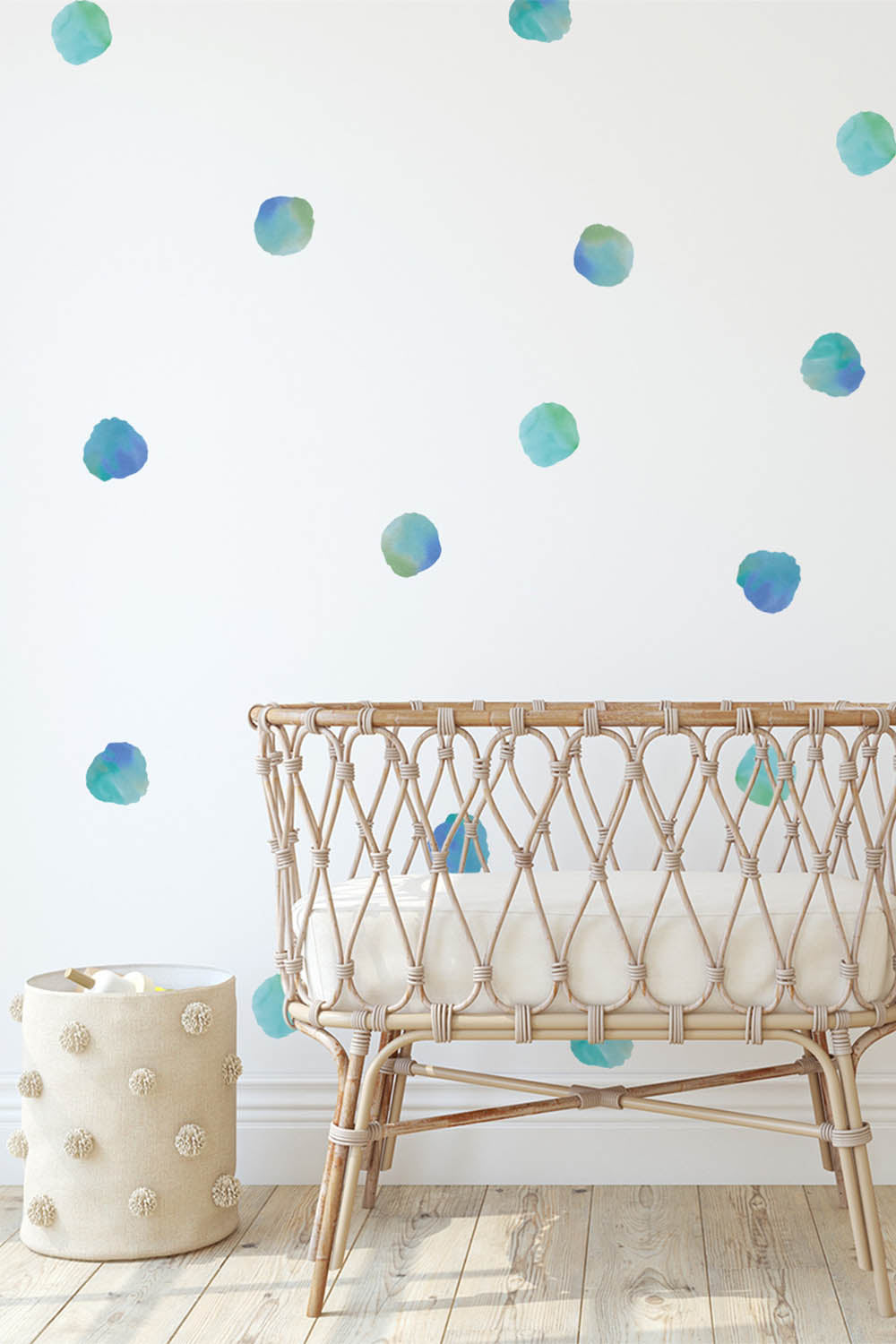 Blue Watercolor polka dot wall decals in nursery, Urbanwalls