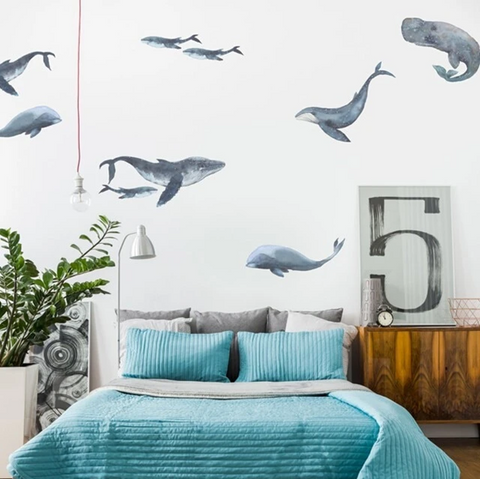 Kids bedroom with whale wall paper