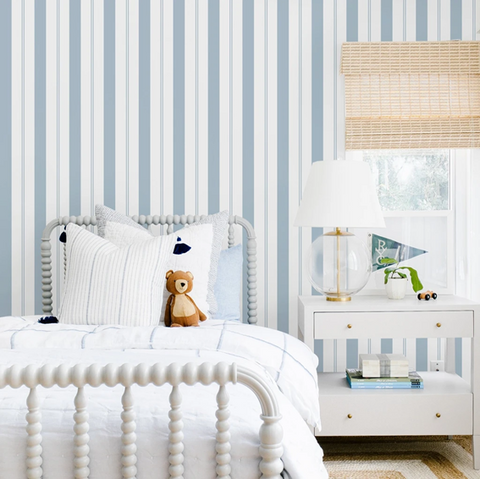 Bedroom blue and white stripe wall