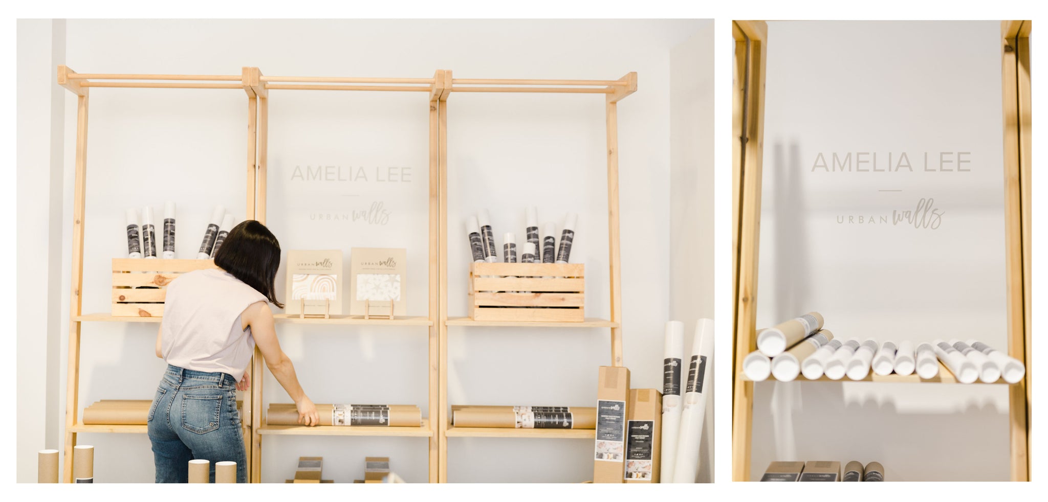 Woman arranging rolled Urbanwall wall decals in shelf