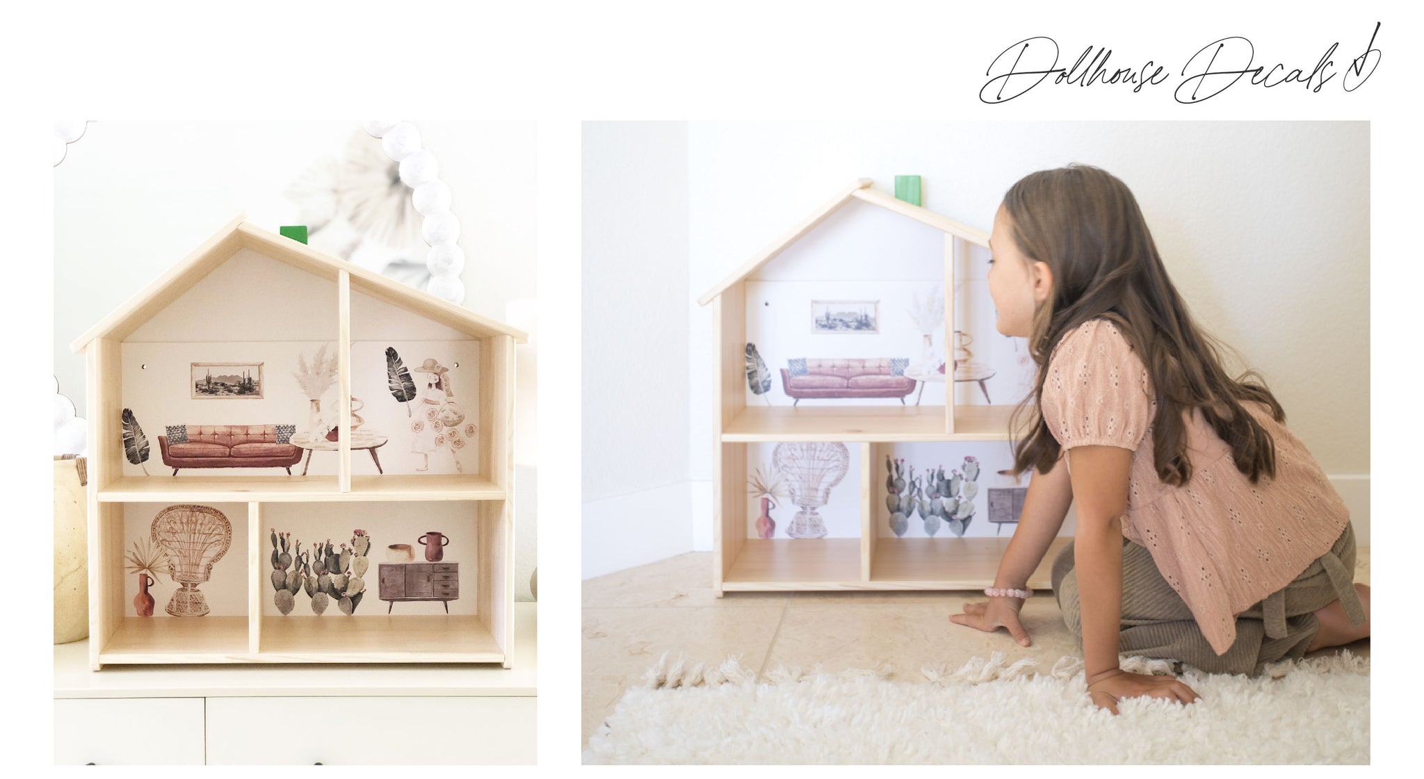 A girl sitting down beside a dollhouse wall decal