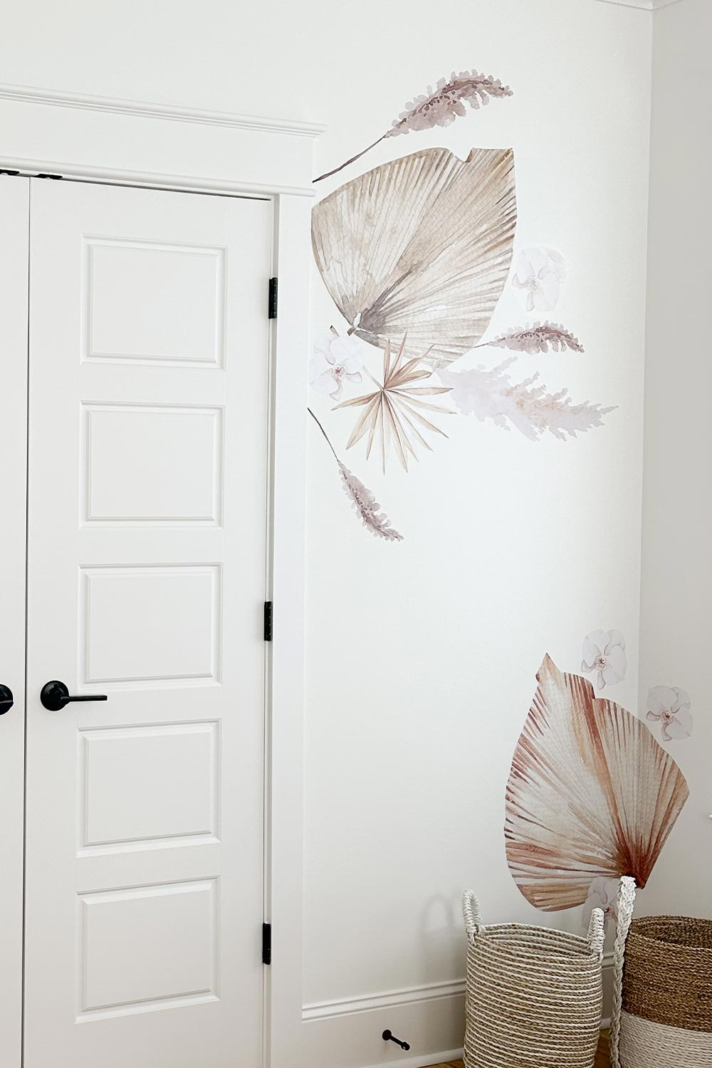 Bohemian Palm Wall Decals shown in coastal bedroom.