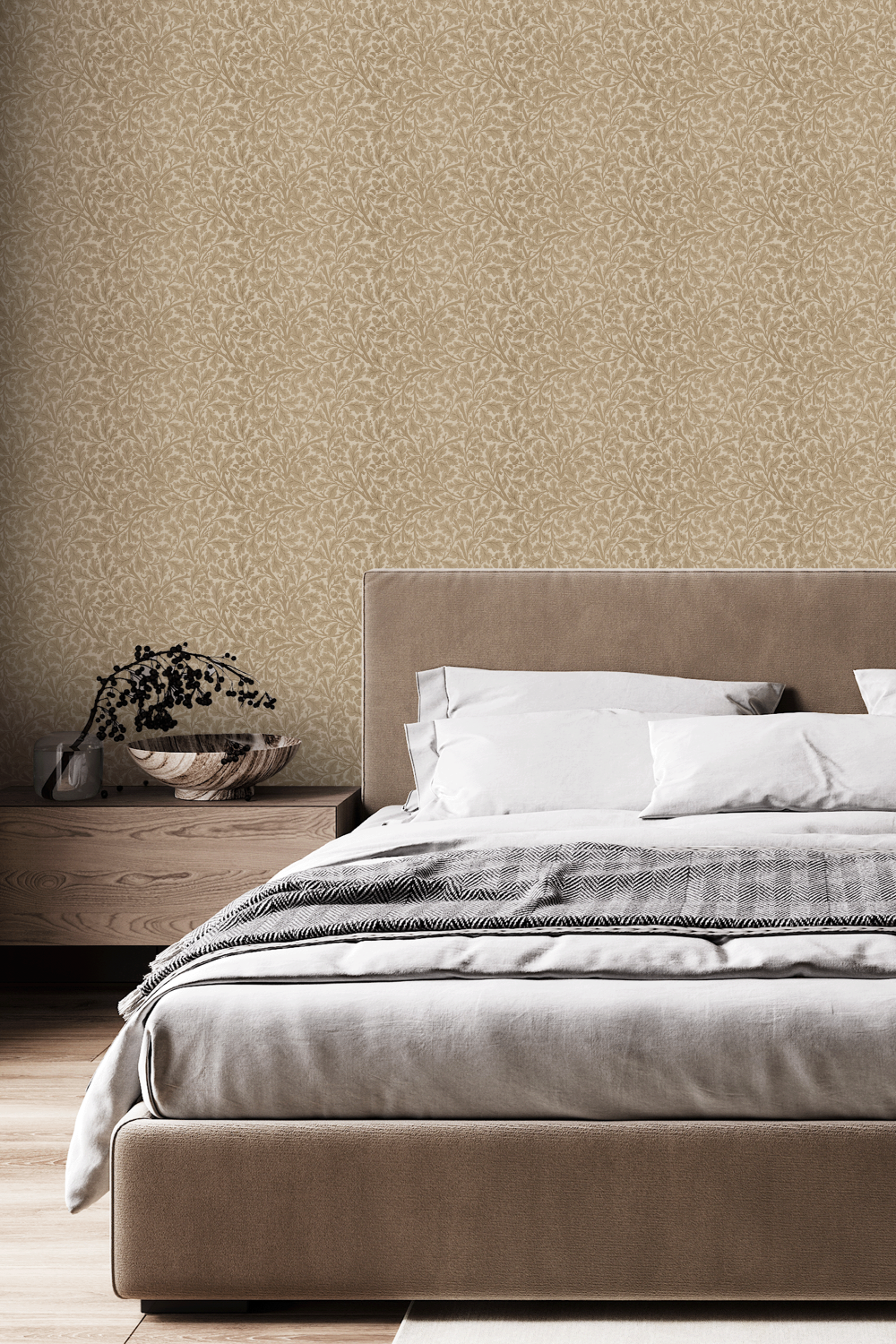 brown bed with oak tree wall paper by mia parres design and urbanwalls