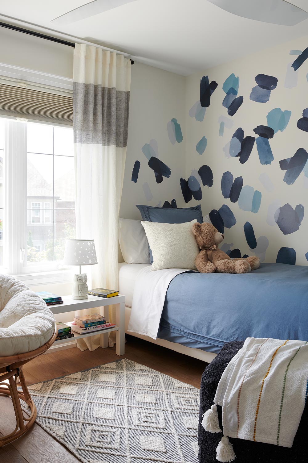 Indigo Brushstroke Wall Decals on child's room, accent pieces are blues.