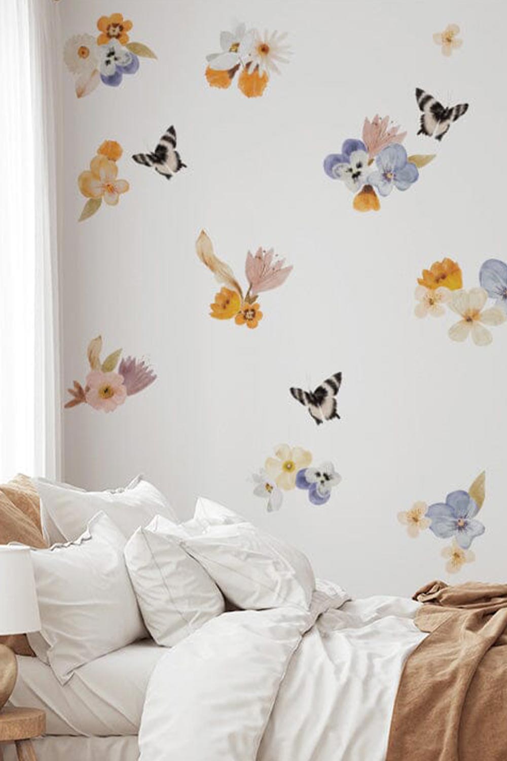Mini Spring Time Floral Wall Decals featured on twins walls. Florals and butterflies shown on a white wall.