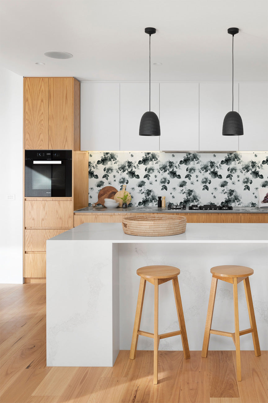 kitchen with black and white wallpaper from urbanwalls