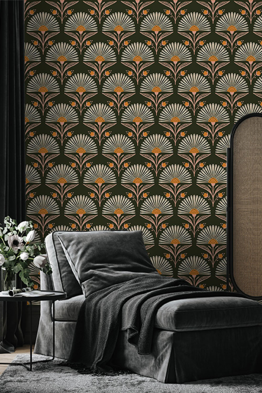 moody bedroom with dark green wallpaper - floursish wallpaper urbanwalls