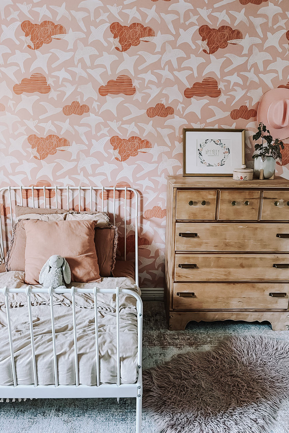 big girl room with songbird wallpaper