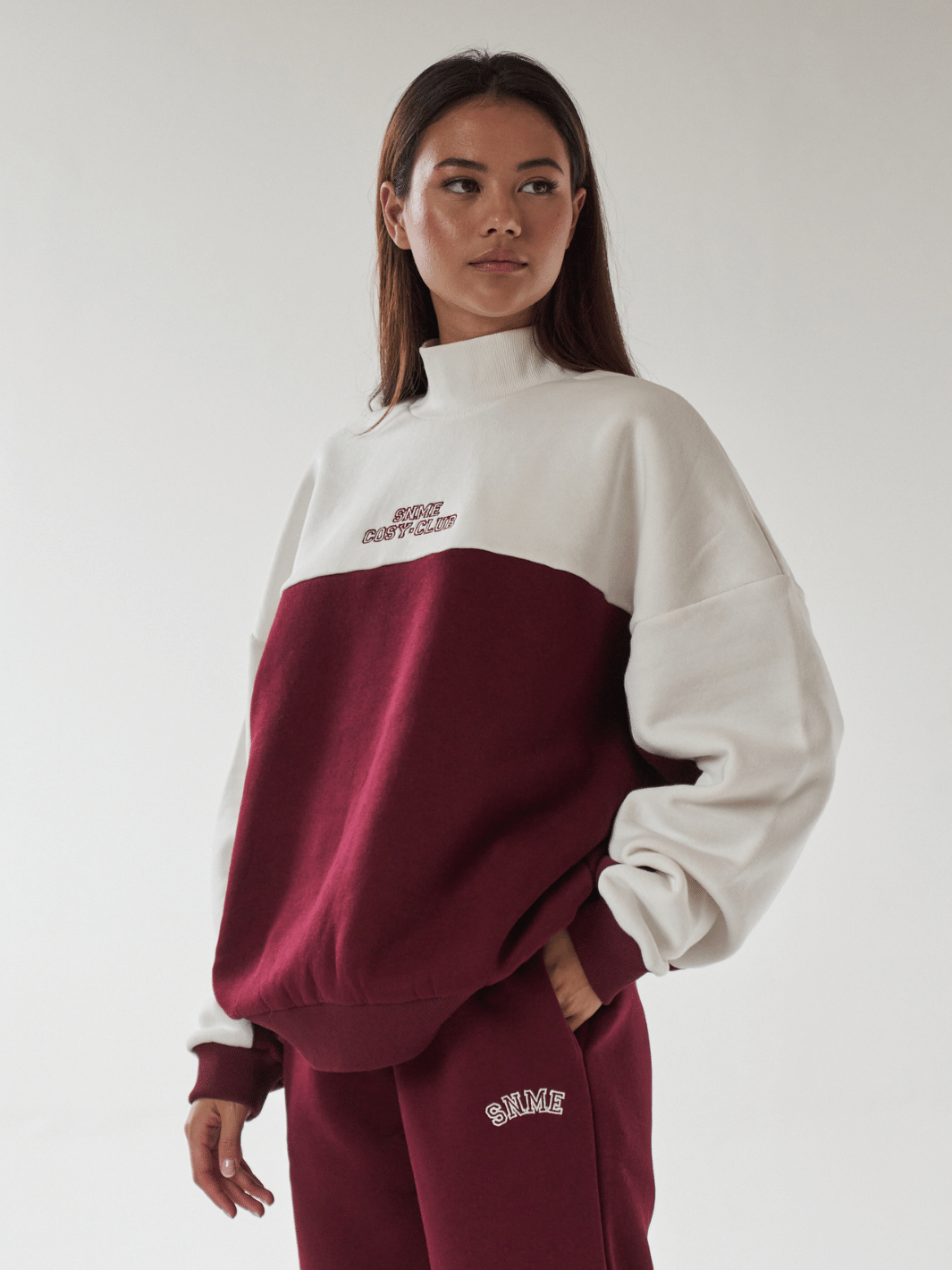 Image of Oversized Cosy Club Polo Neck Sweat - Burgundy / Nude