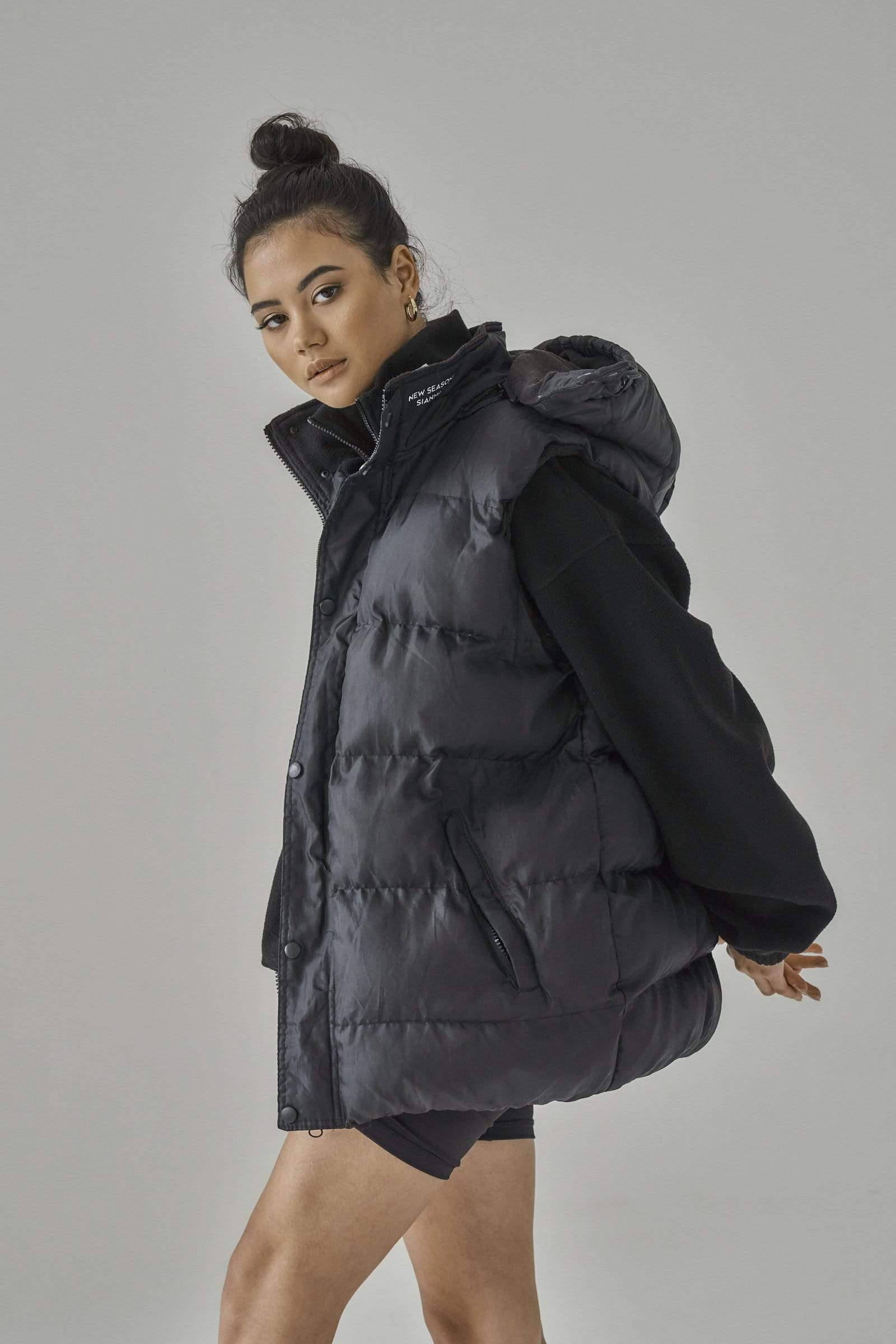 Image of Quilted Unisex Black Zip Padded Gilet with Detachable Hood