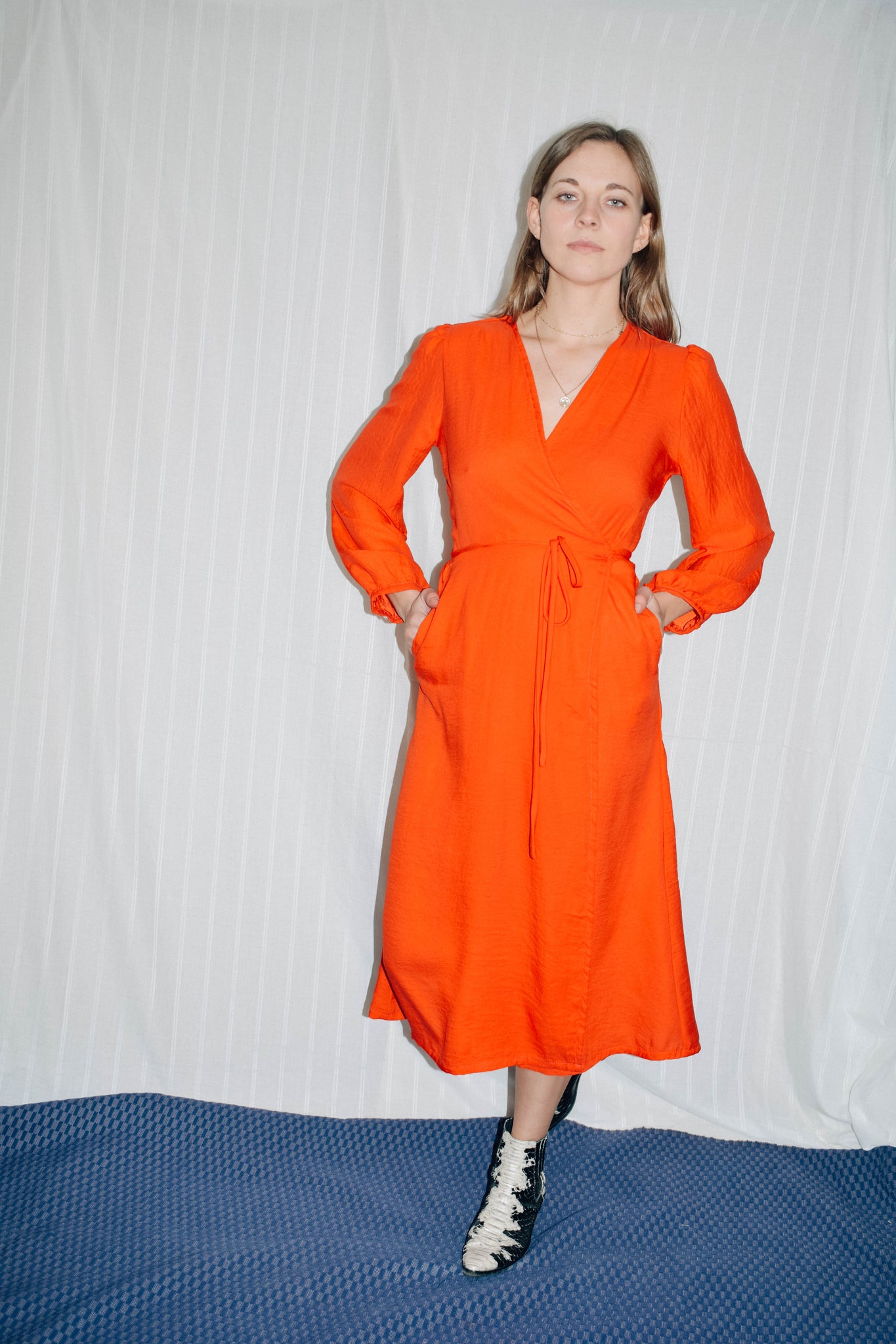 red long sleeve wrap dress