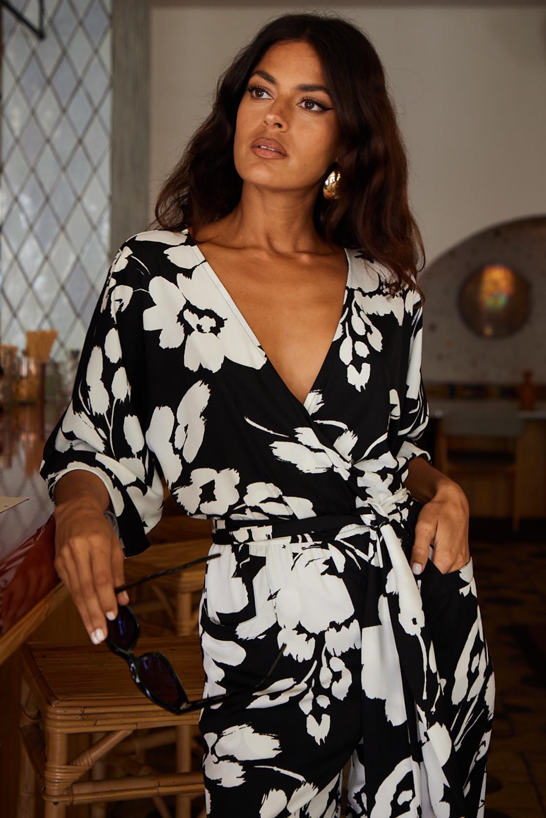 Winona Kimono Jumpsuit In White On Black Floral