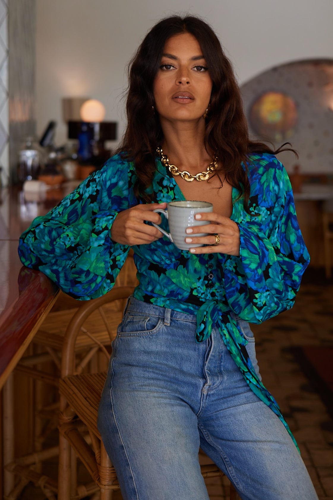 Joanie Tie Top In Blue & Green Floral